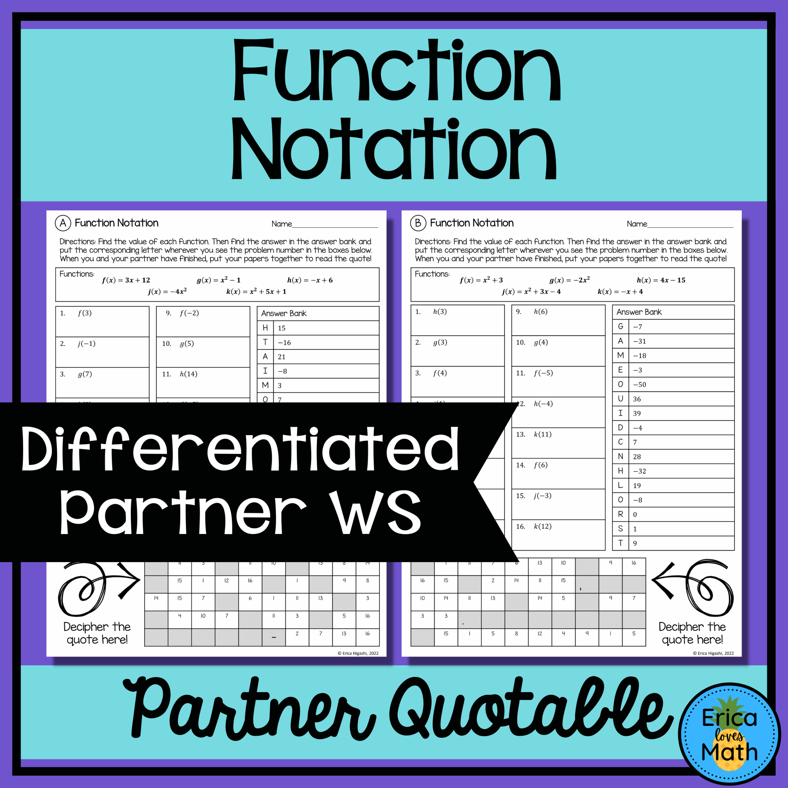 Function Notation Differentiated Partner Worksheets Quotable 