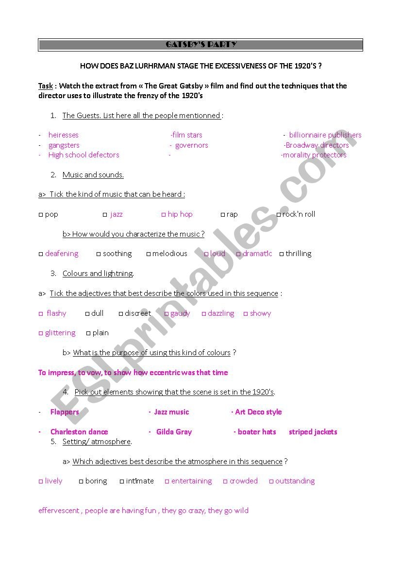 Gatsby s Party Answers ESL Worksheet By KateKerlois