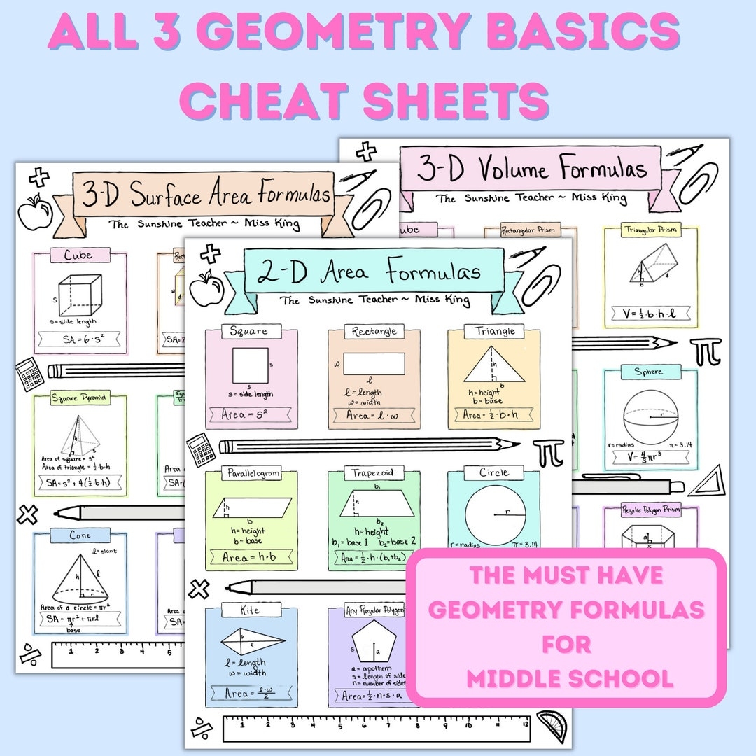 Geometry Basics Formulas Sheets Grades 5 8 2D Shapes Area Formulas 3D Surface Area Formulas 3D Volume Formulas Etsy