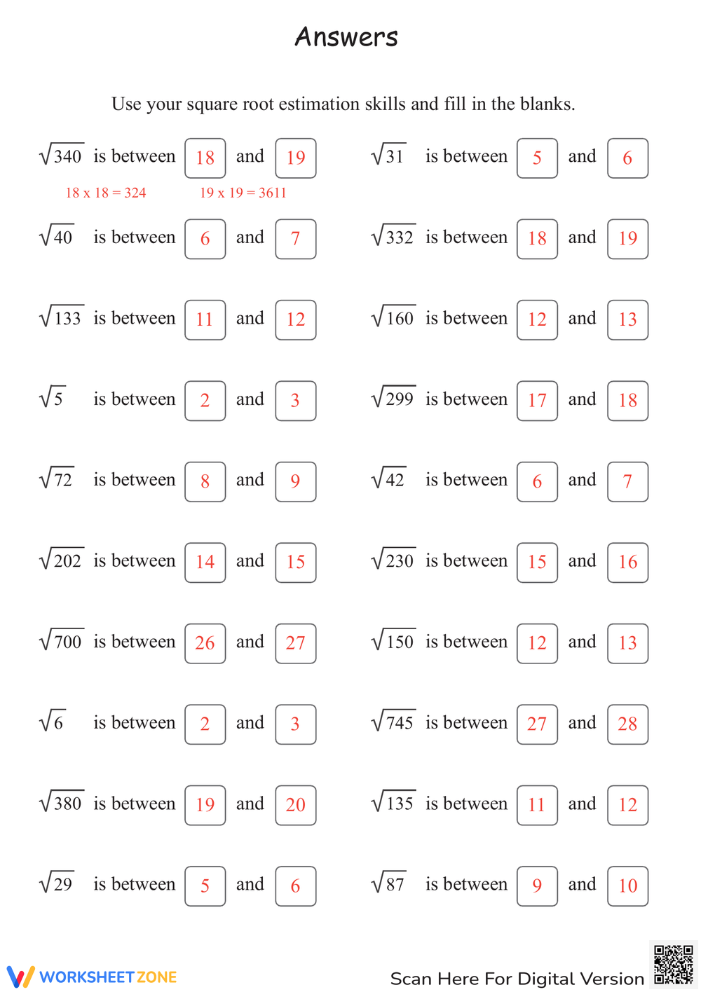 Estimating Square Roots Maze Worksheet