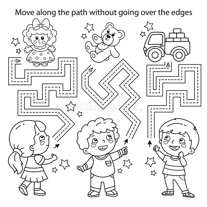 Handwriting Practice Sheet Simple Educational Game Or Maze Coloring Page Outline Of Cartoon Children With Toys Stock Vector Illustration Of Connect Book 260389390
