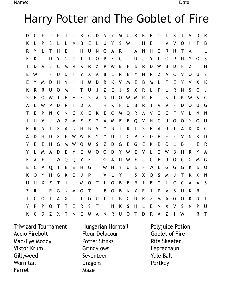 Harry Potter And The Goblet Of Fire Word Search WordMint