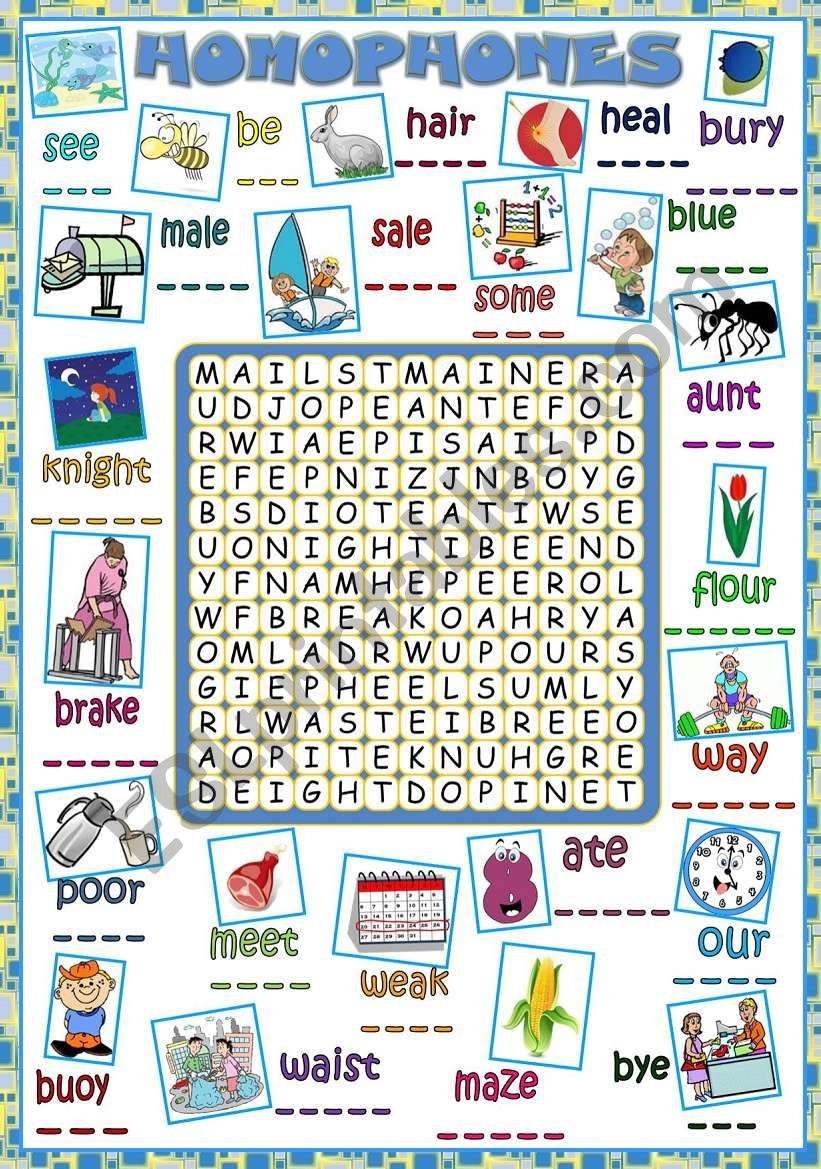 Homophones WORDSEARCH Bu0026W Included ESL Worksheet By Mada 1