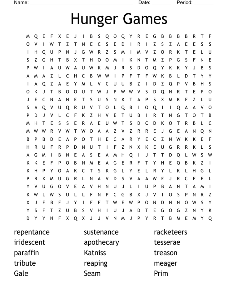 Hunger Games Word Search WordMint