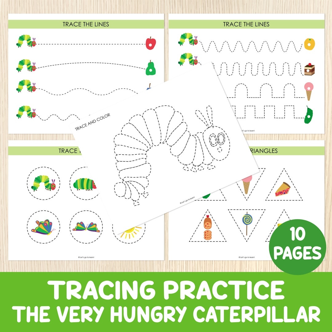Hungry Caterpillar Tracing Practice Worksheets Pre writing Activities Toddler Preschool Handwriting Busy Book Pages Homeschool Etsy