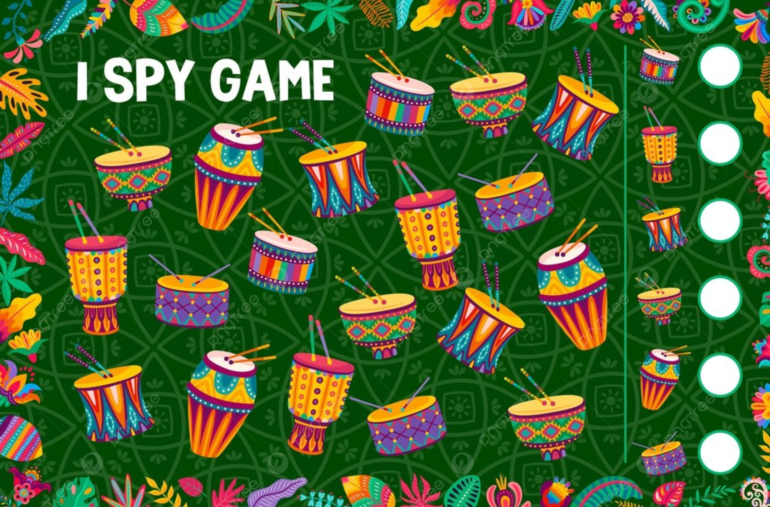 I Spy Game Worksheet Counting Of African Or Brazilian Drums Kids Vector Riddle Page With Cartoon