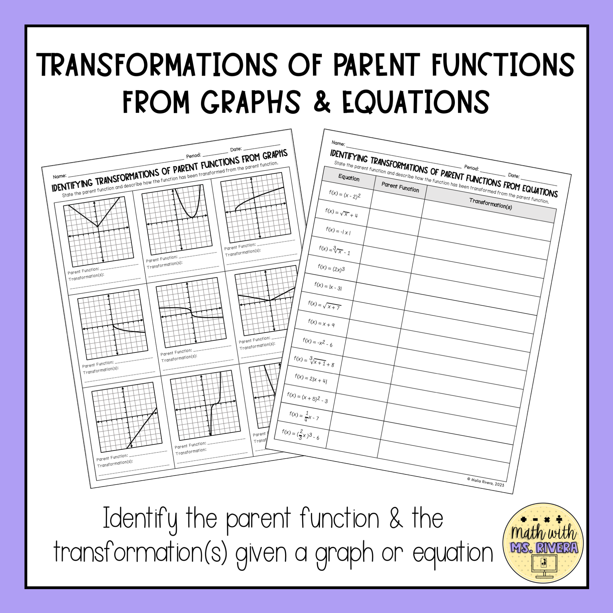 Identifying Transformations Of Parent Functions Worksheets Made 