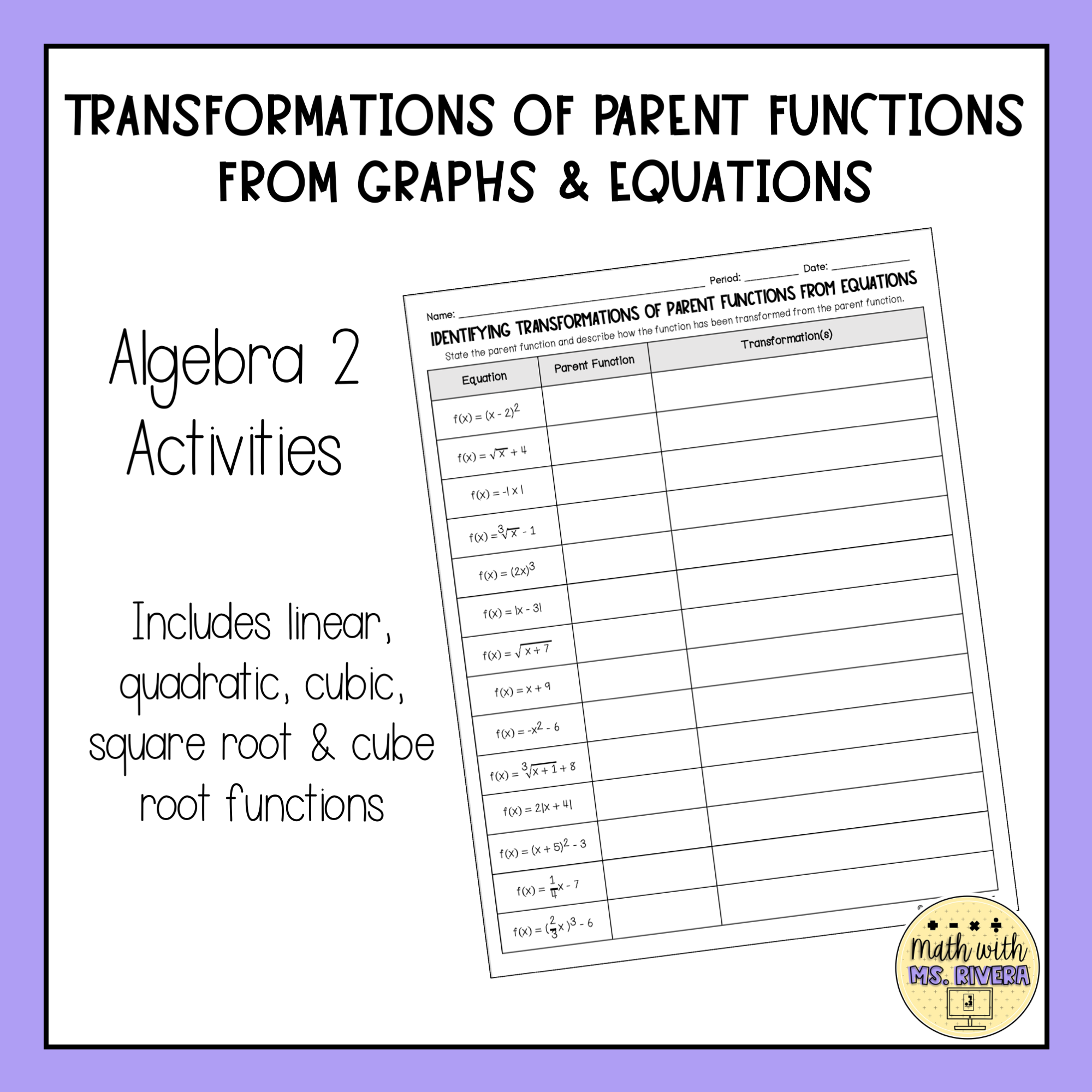 Identifying Transformations Of Parent Functions Worksheets
