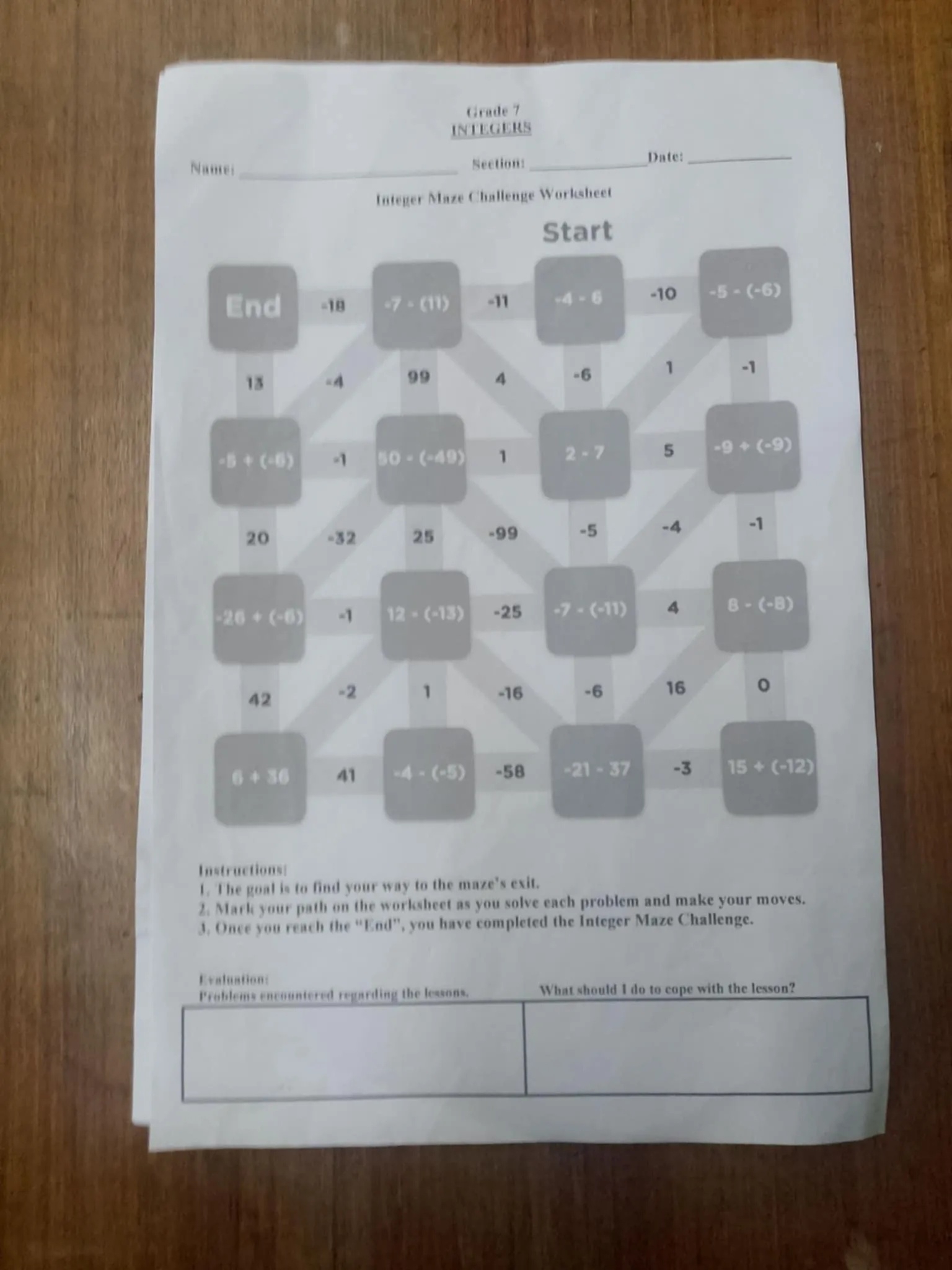 Integer Maze Challenge Worksheet Start End StudyX