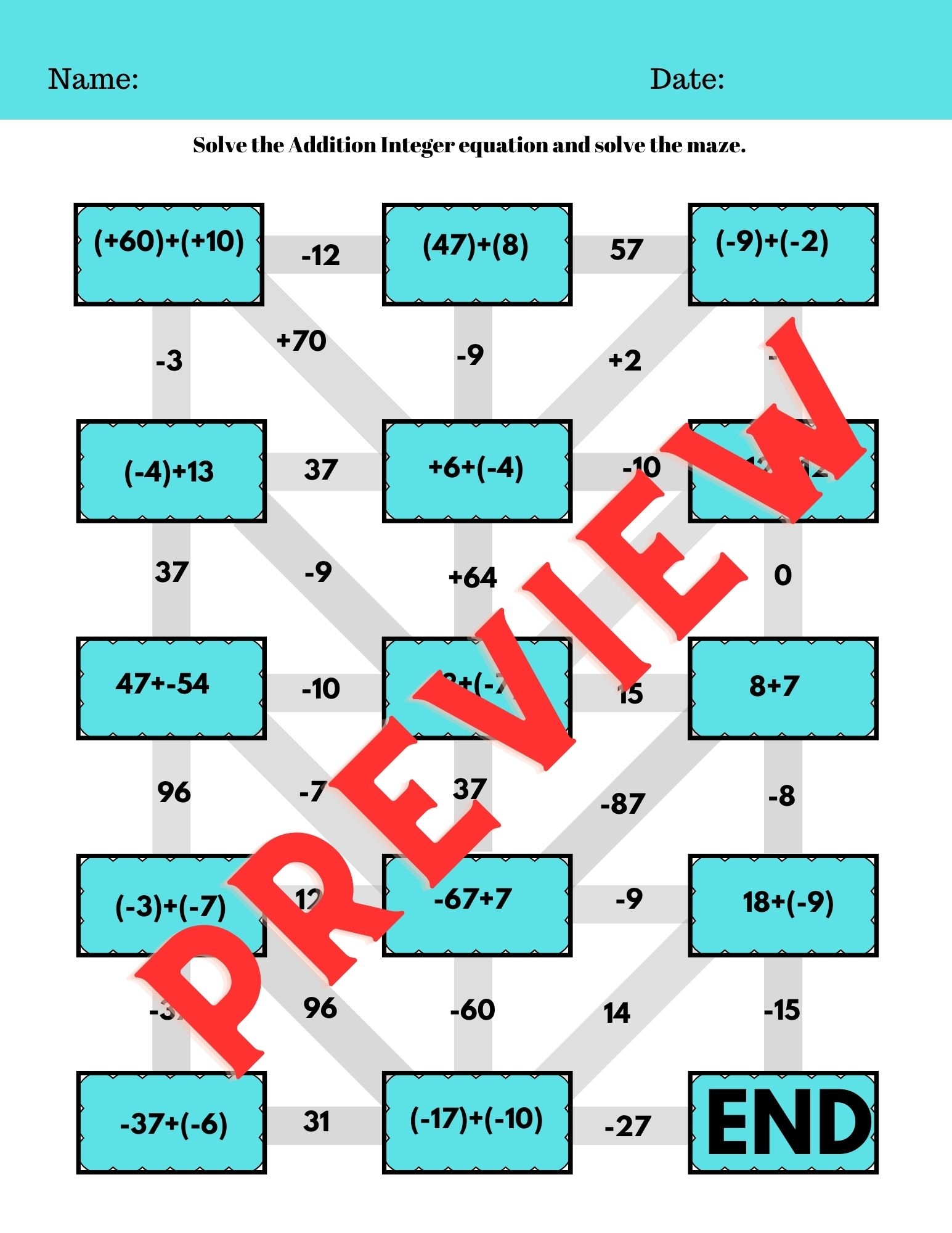 Integer Maze Worksheet