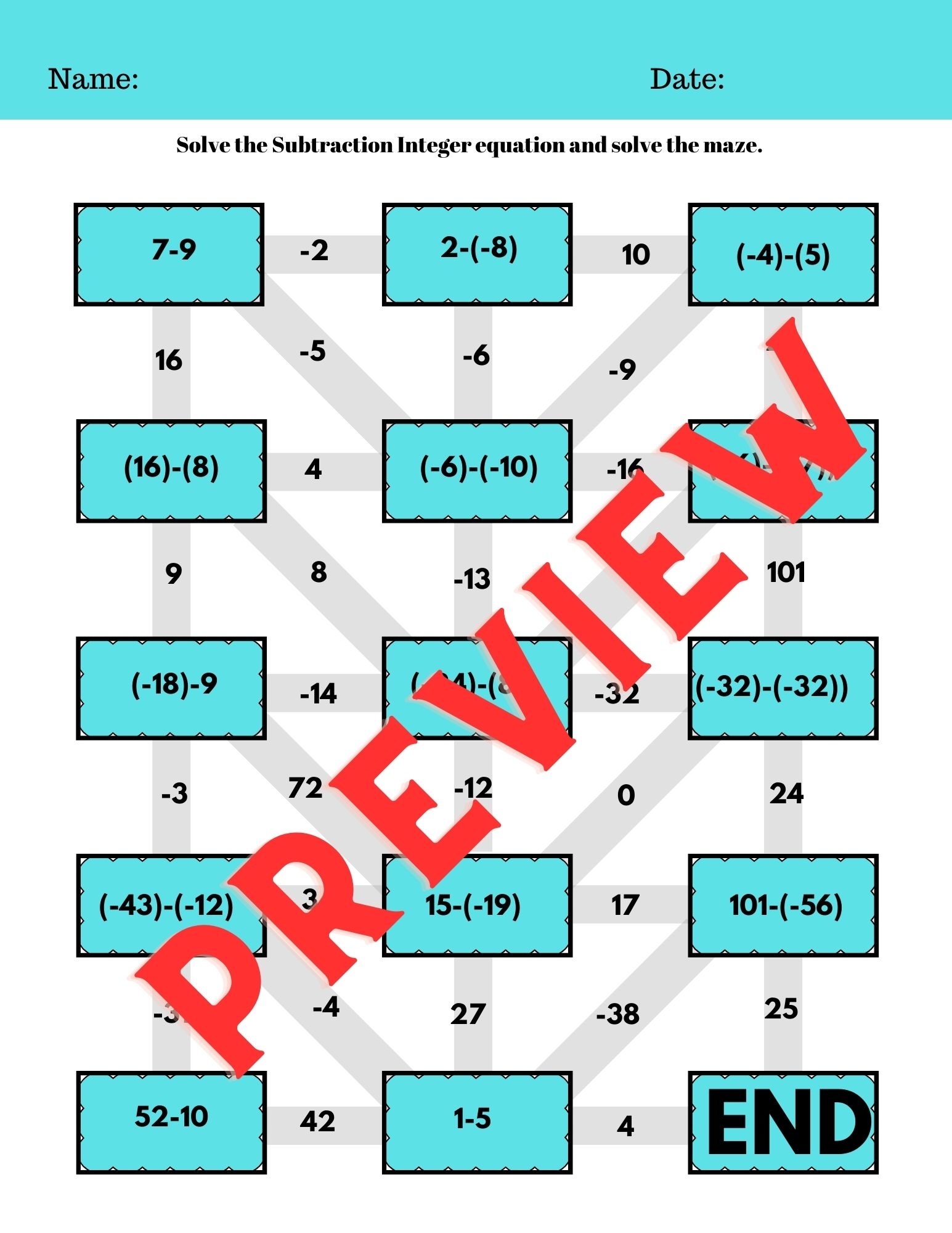 INTEGERS Maze Puzzle Middle School Math Classful