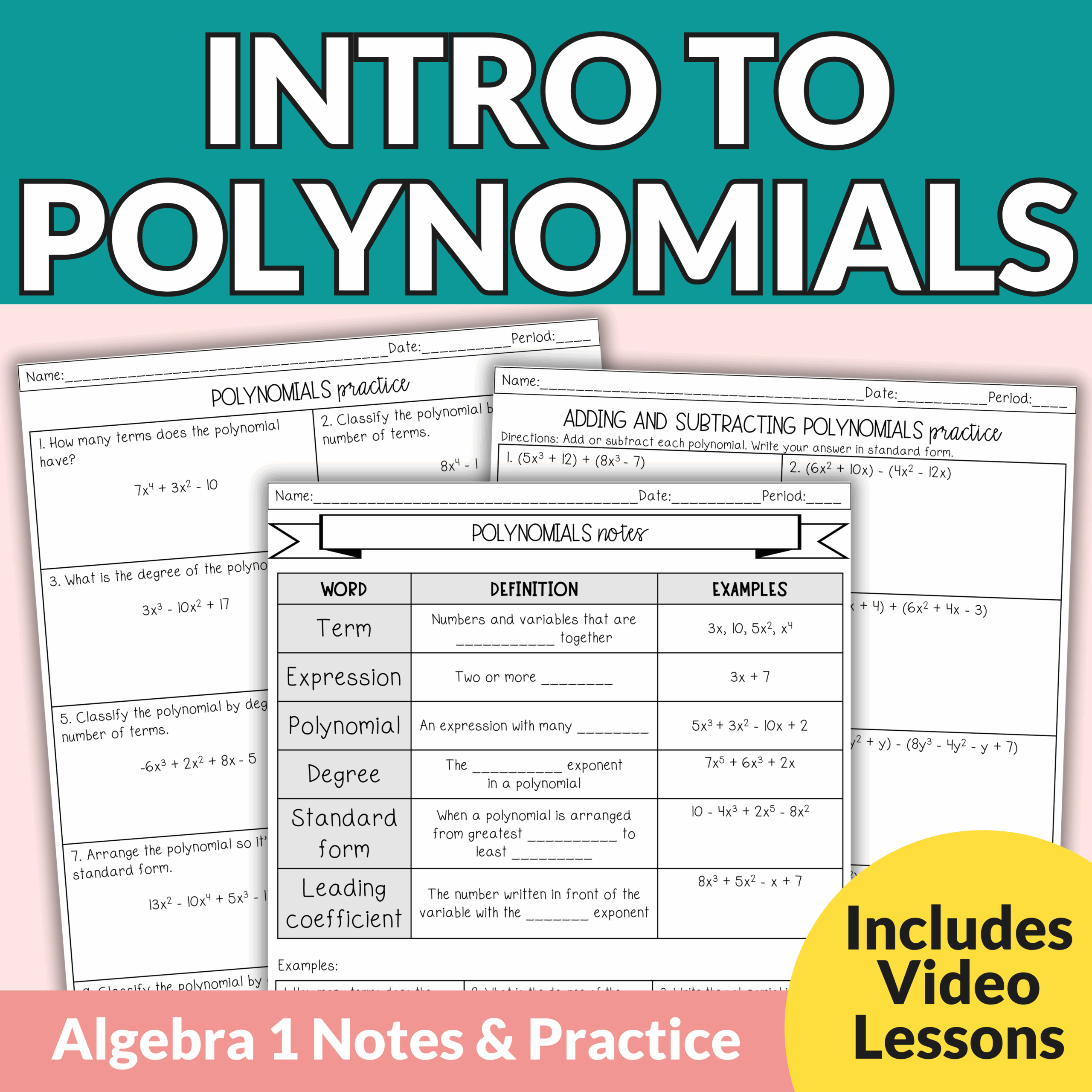 Intro To Adding And Subtracting Polynomials Notes And Worksheets For Algebra 1 Lindsay Bowden