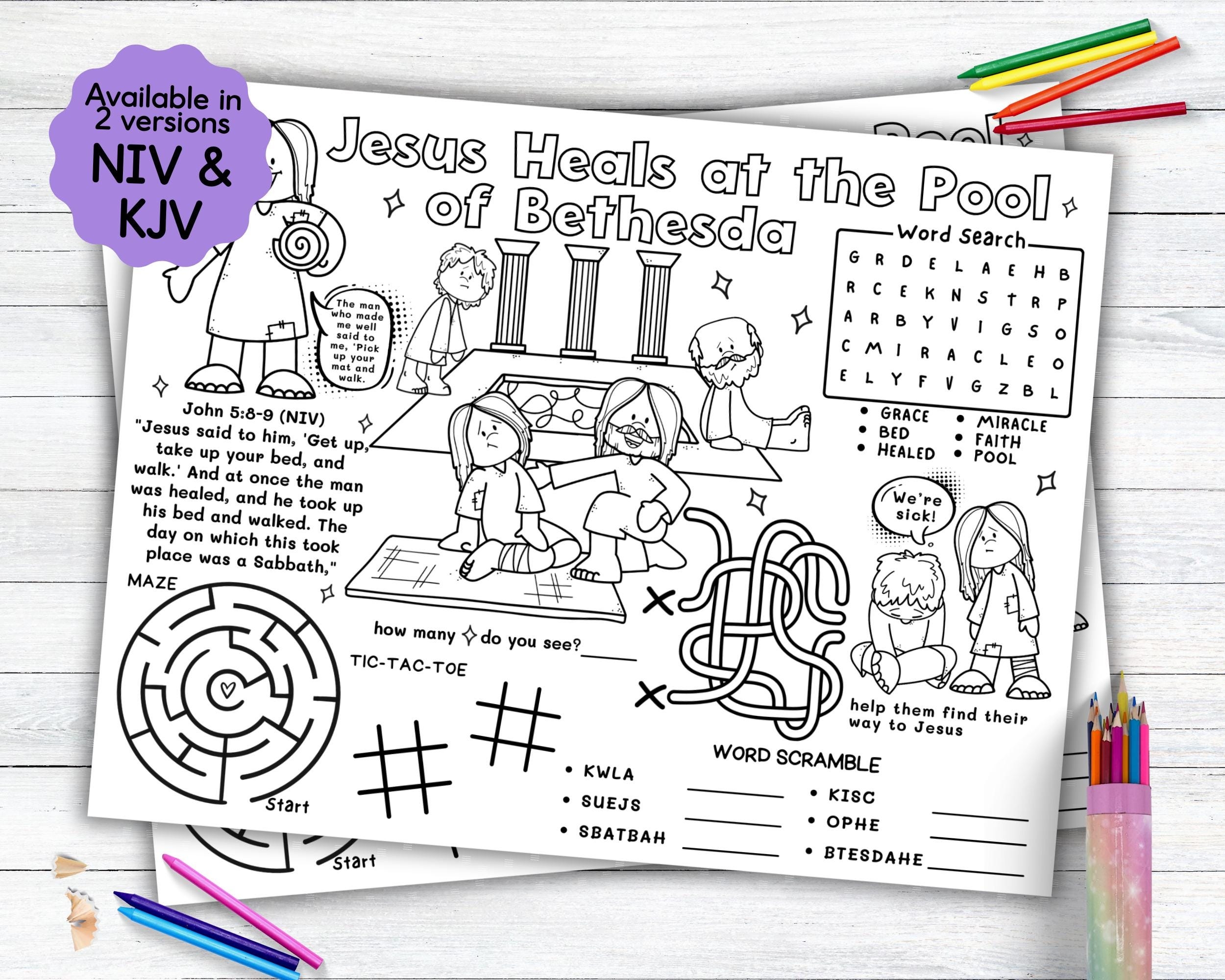 Jesus Heals At The Pool Of Bethesda Activity Placemat Bible Story Coloring Placemat As Kids Activity For Sunday School Or Homeschooling Etsy
