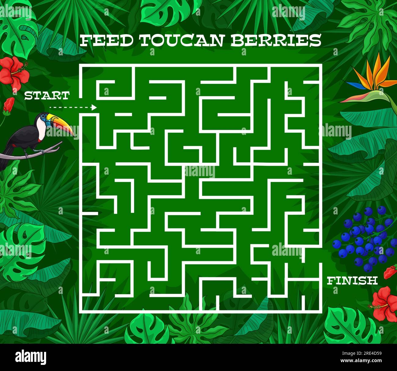 Kids Labyrinth Maze Game Cartoon Toucan Bird In Jungle Leaves Vector Tabletop Riddle Kids Board Game