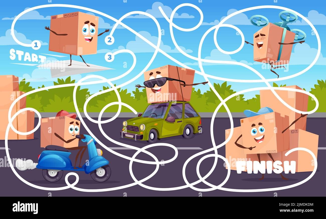 Labyrinth Maze Cartoon Package Box Characters Help To Find Fastest Delivery Service Children Maze Game With Funny Cardboard Box Personages Kids Labyrinth Riddle Vector Worksheet Playing Activity Stock Vector Image U0026 Art 