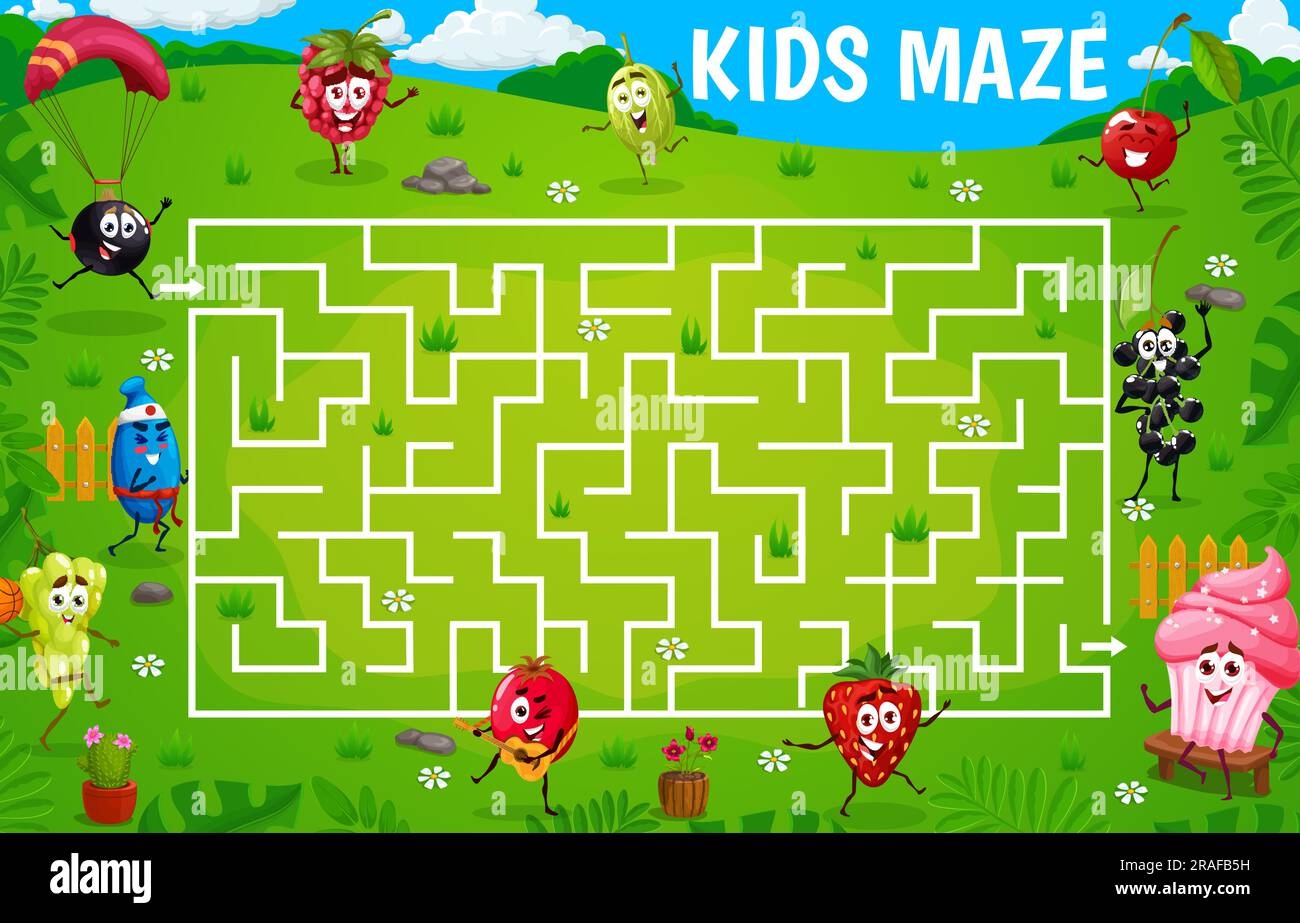 Labyrinth Maze Game Cartoon Berry Characters On Summer Party Search Way Educational Riddle Or Maze Quiz Kids Game Vector Worksheet With Strawberry Gooseberry Blackcurrant And Honeysuckle Cherry Stock Vector Image U0026 Art 