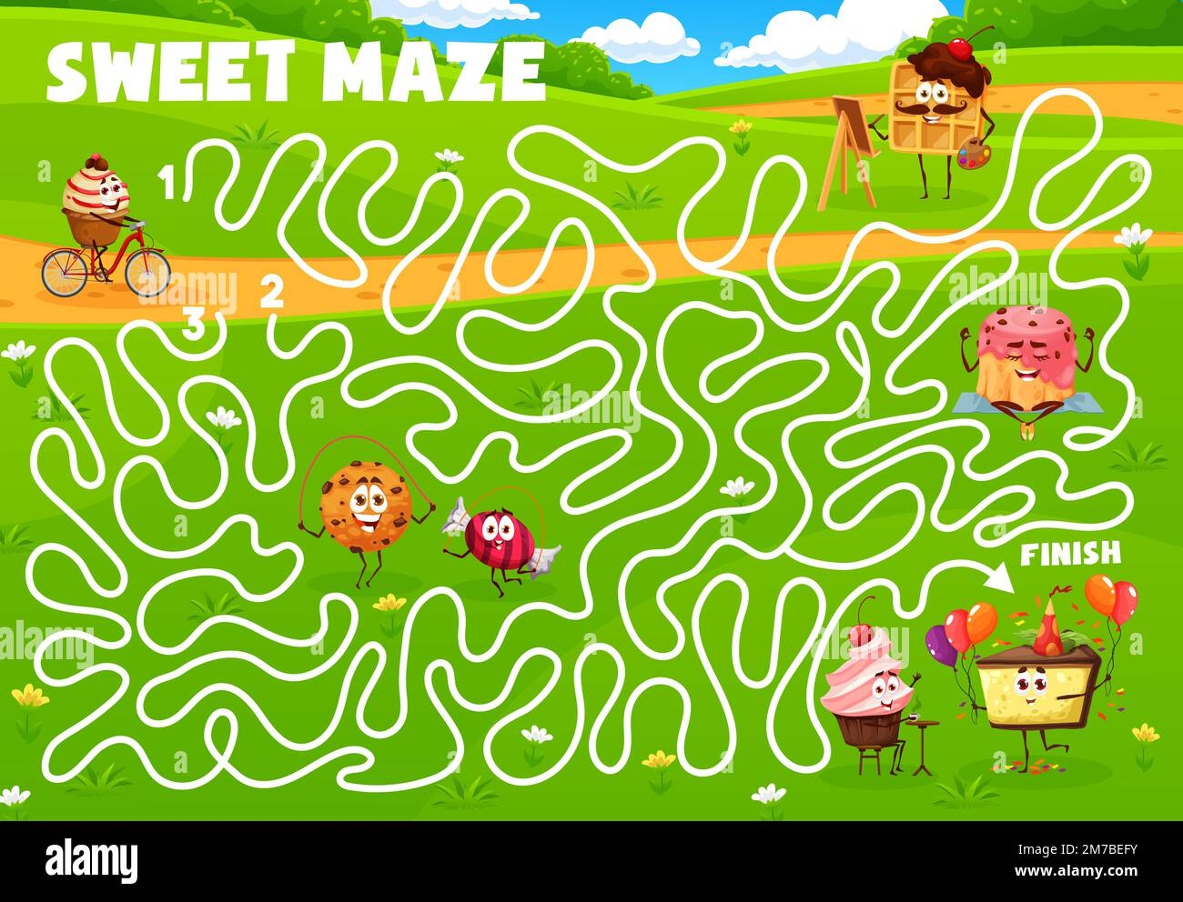 Labyrinth Maze Game Cartoon Dessert Sweet Cookie And Cake Characters Kids Maze Game Finding Way To