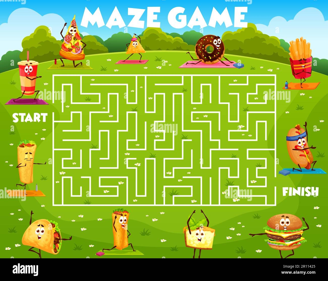 Labyrinth Maze Game Cartoon Fast Food Yoga Characters Vector 