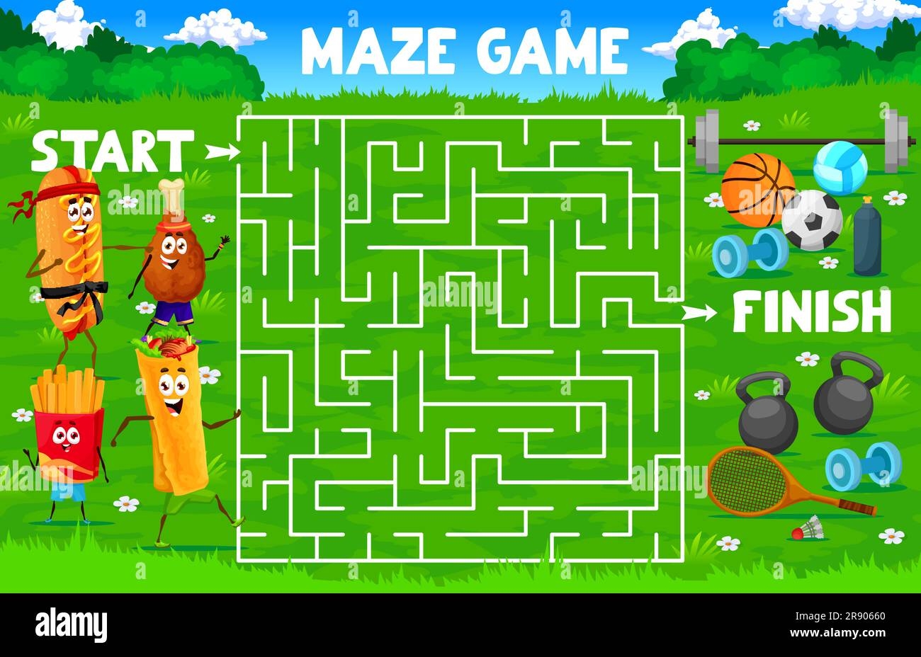 Labyrinth Maze Game Help To Cartoon Fast Food Characters To Find Sport Equipment On Meadow Kids