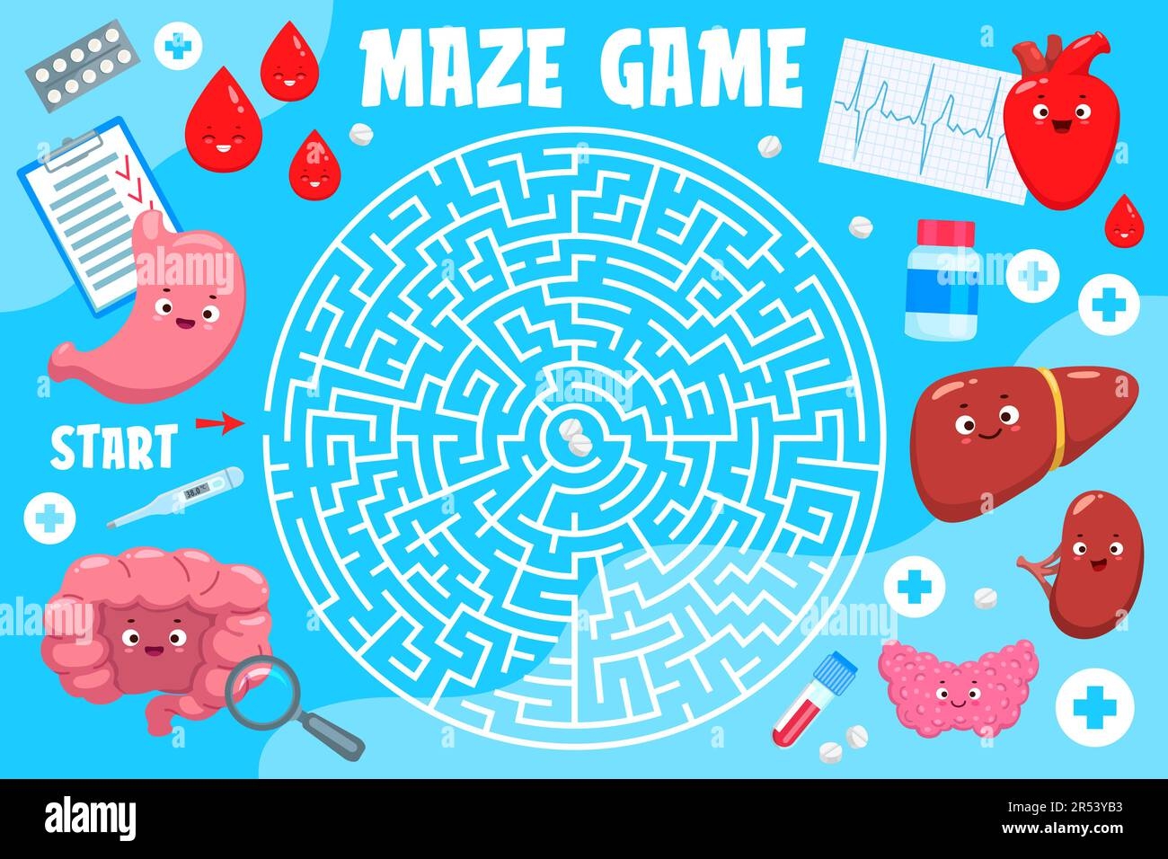 Labyrinth Maze Game With Cartoon Body Organ Characters Vector 