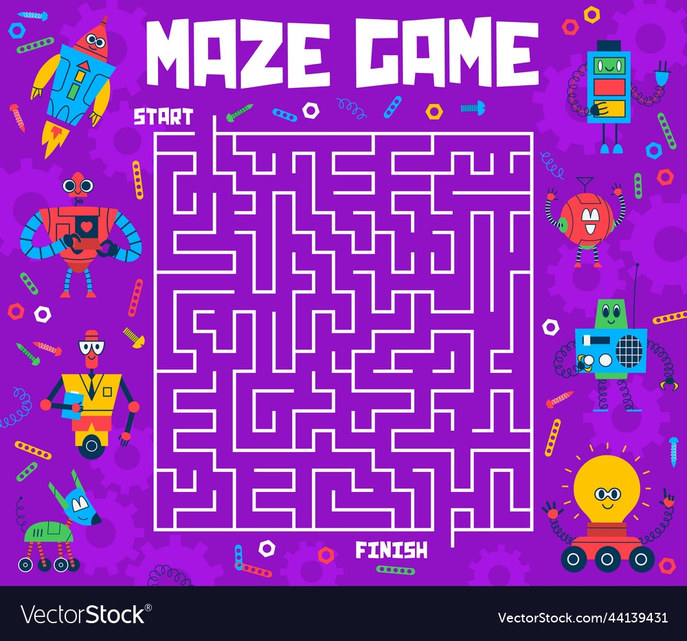 Labyrinth Maze Help Cartoon Robots To Find Exit Vector Image