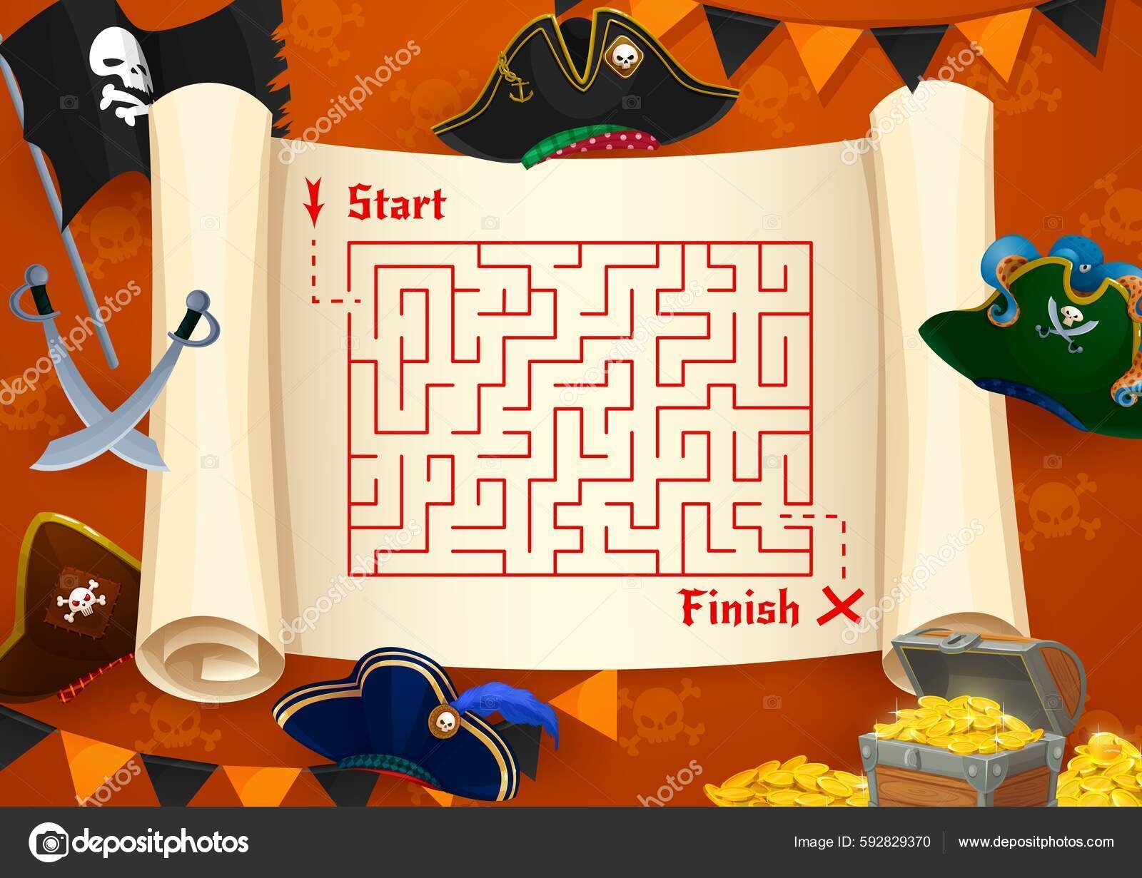 Labyrinth Maze Pirate Treasure Map Tricorn Cocked Hat Sabers Golden Vektor Stok Oleh Seamartini 592829370