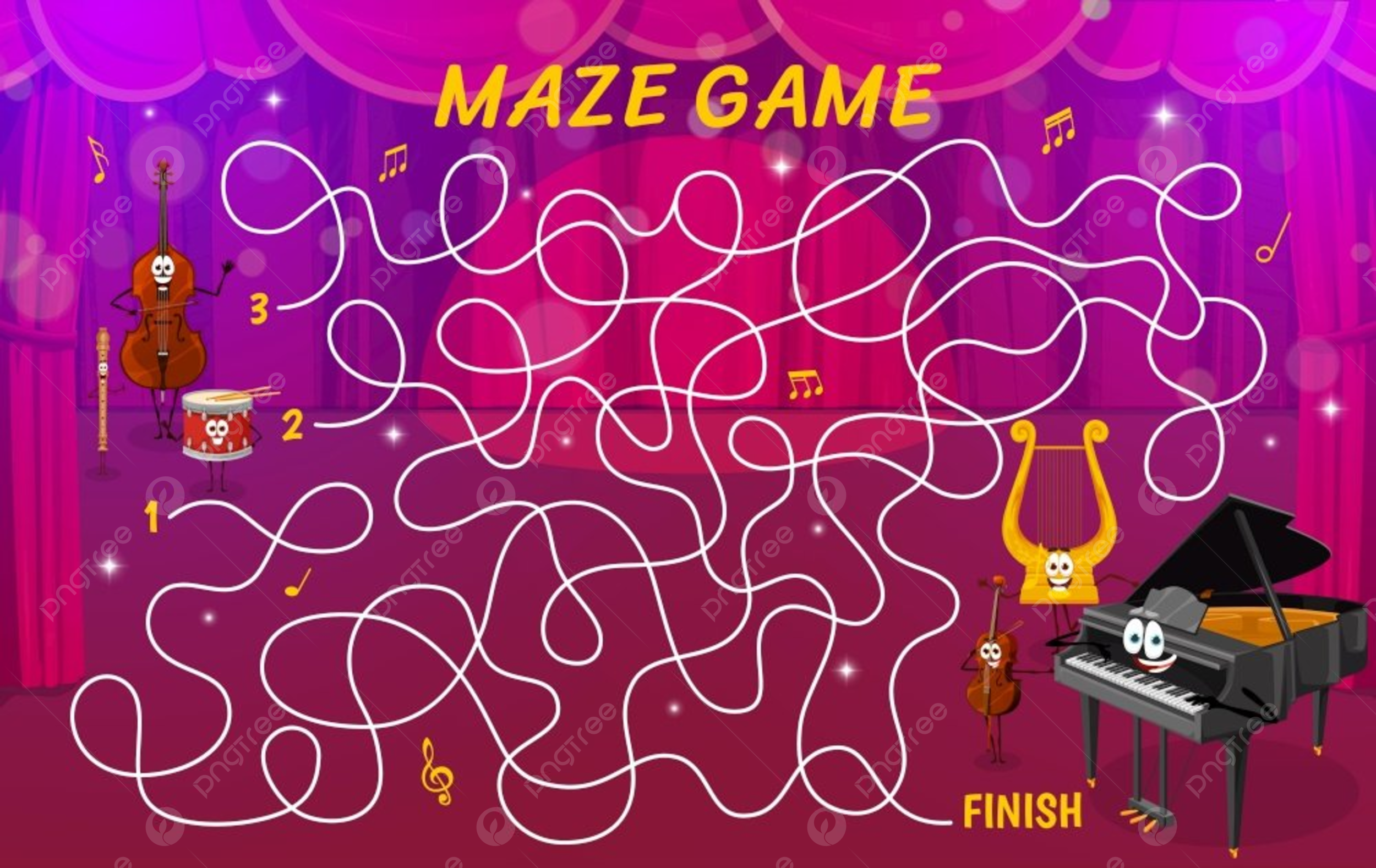 Labyrinth Maze With Cartoon Musical Instruments On The Stage Help 