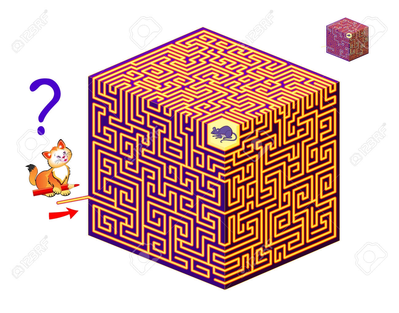 Logic Puzzle Game With 3D Labyrinth For Children And Adults Help The Cat Find The Way To The Mouse Worksheet For Kids Brain Teaser Book IQ Test Play Online Flat Vector Illustration 