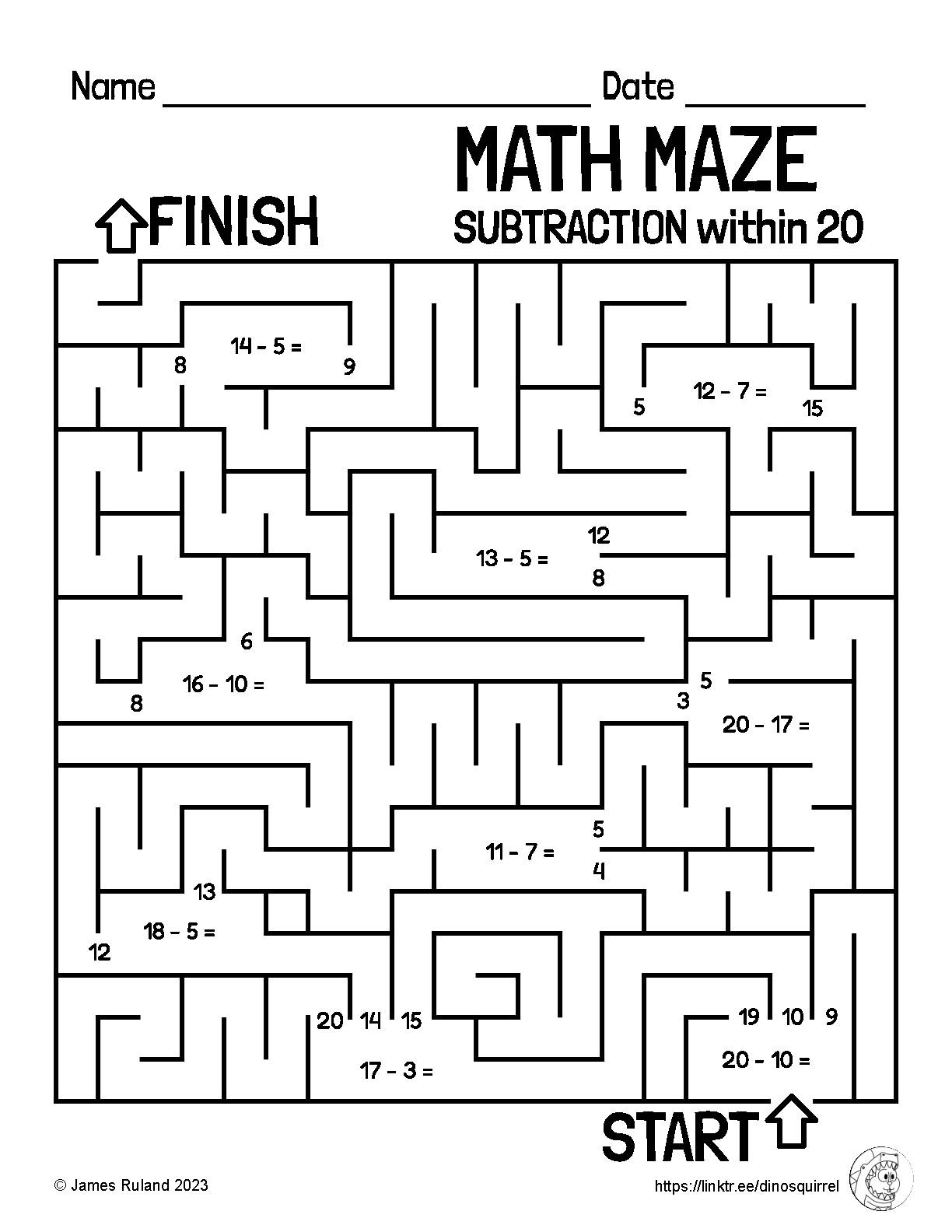 MATH MAZE Addition And Subtraction Within 20 Customizable Math Mazes Included Classful