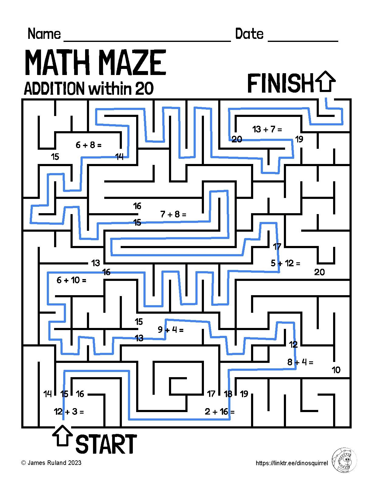 MATH MAZE Addition And Subtraction Within 20 Customizable Math Worksheets Library