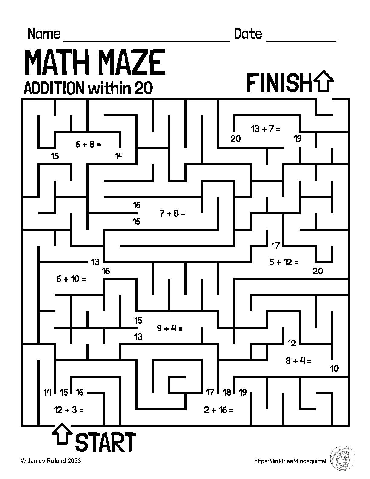 MATH MAZE Addition And Subtraction Within 20 Customizable Math 
