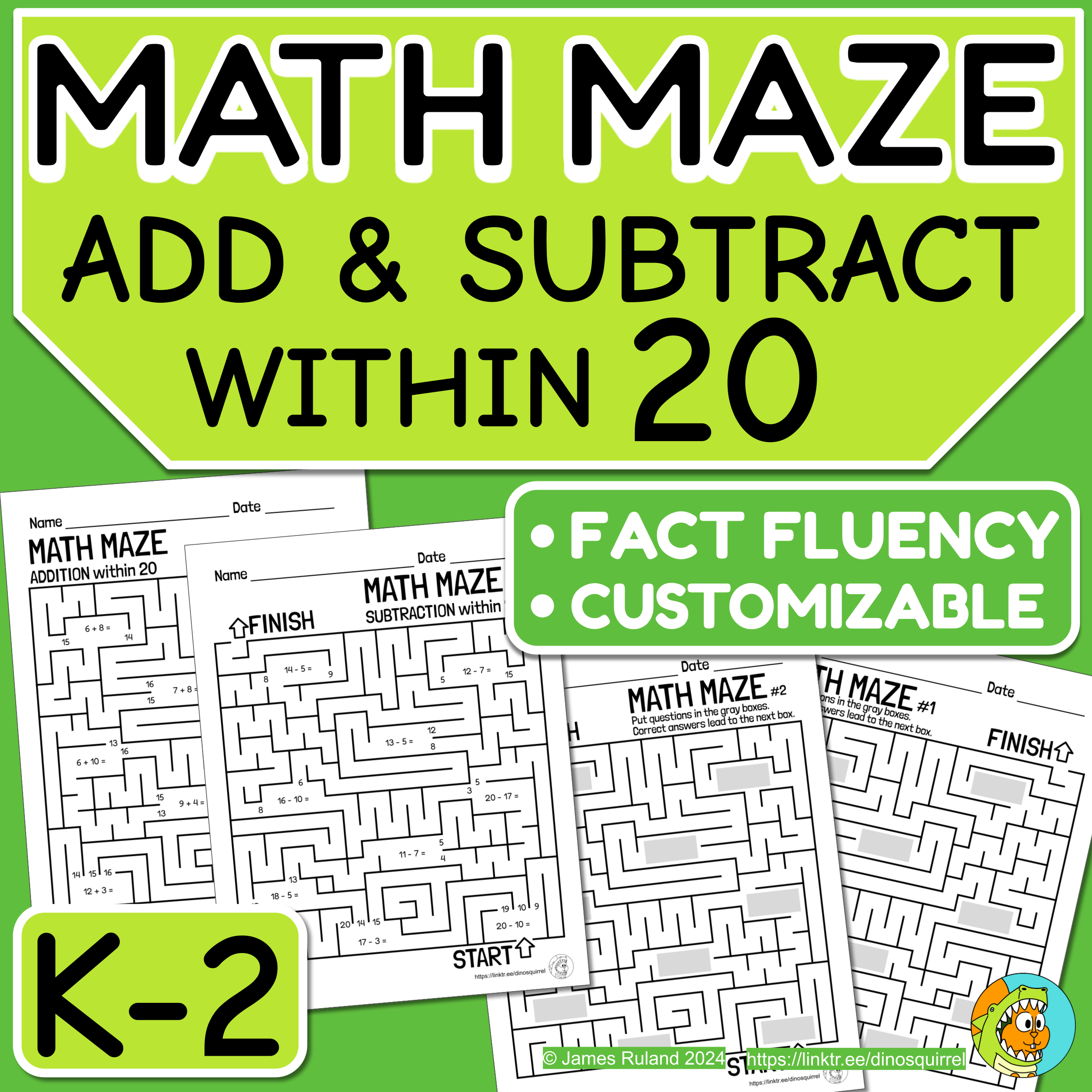 MATH MAZE Addition And Subtraction Within 20 Customizable Math 