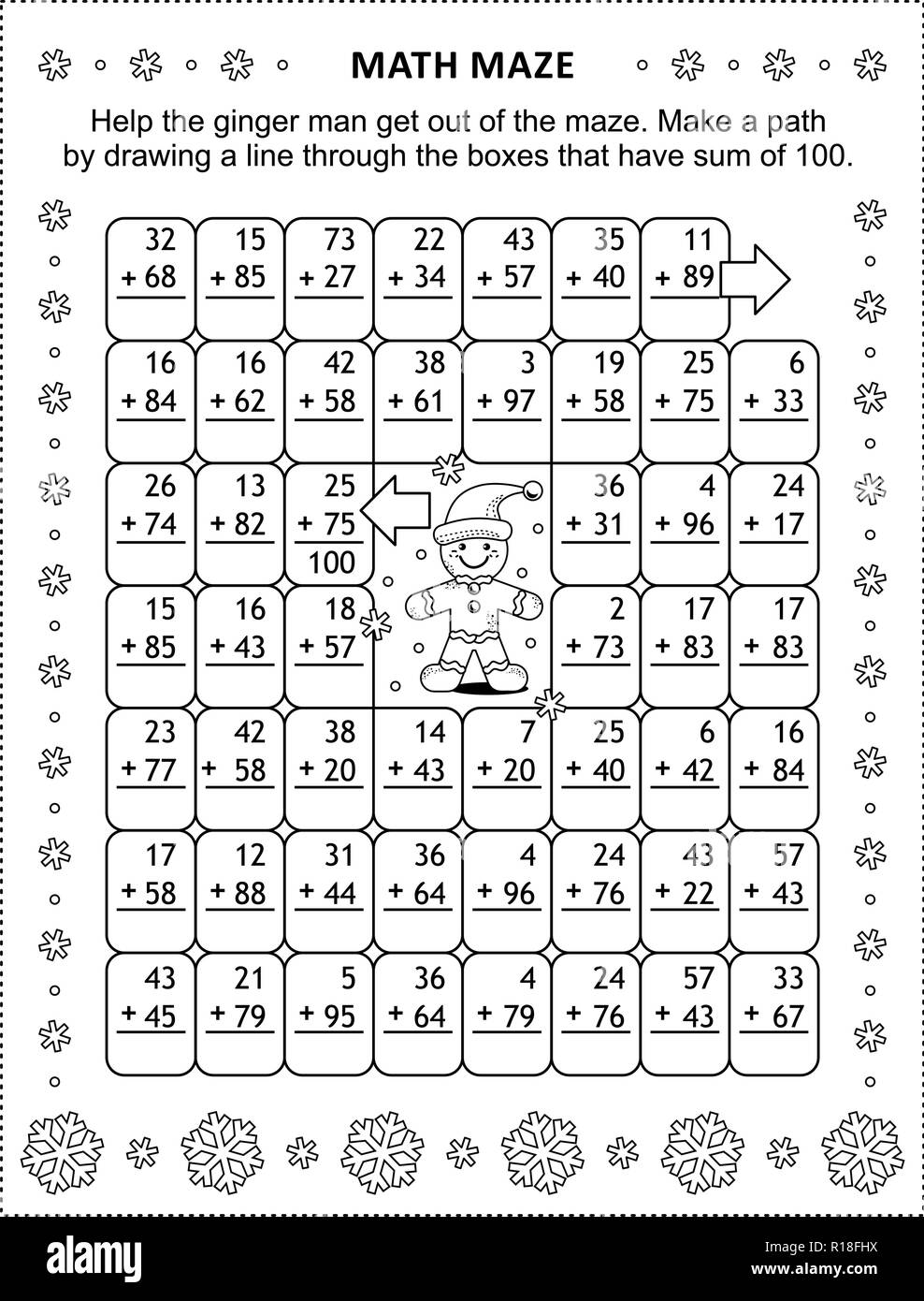 Math Maze With Addition Facts Help The Ginger Man Get Out Of The Maze Make A Path By Drawing A Line Through The Boxes That Have Sum Of 100 Stock Vector Image