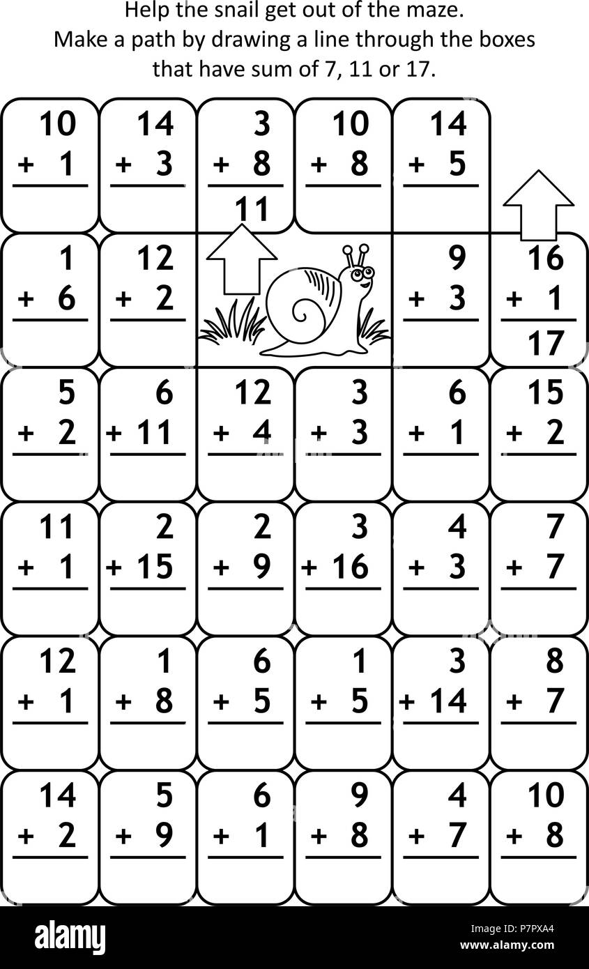 Math Maze With Addition Facts Help The Snail Get Out Of The Maze Make A Path By Drawing A Line Through The Boxes That Have Sum Of 7 11 Or 17 Stock