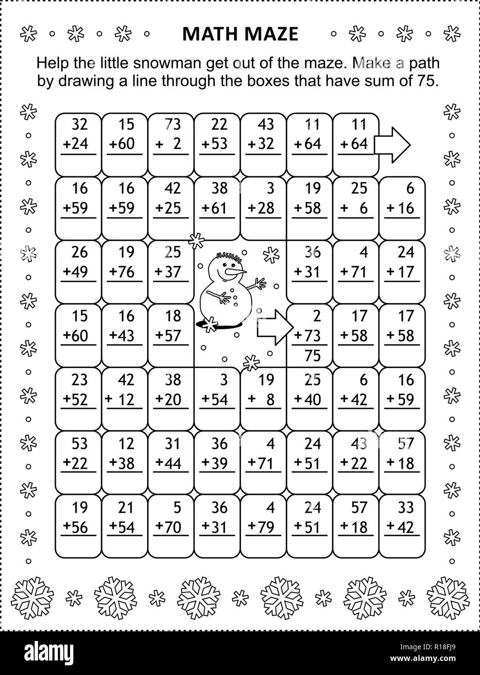 Math Maze With Addition Facts Help The Snowman Get Out Of The 