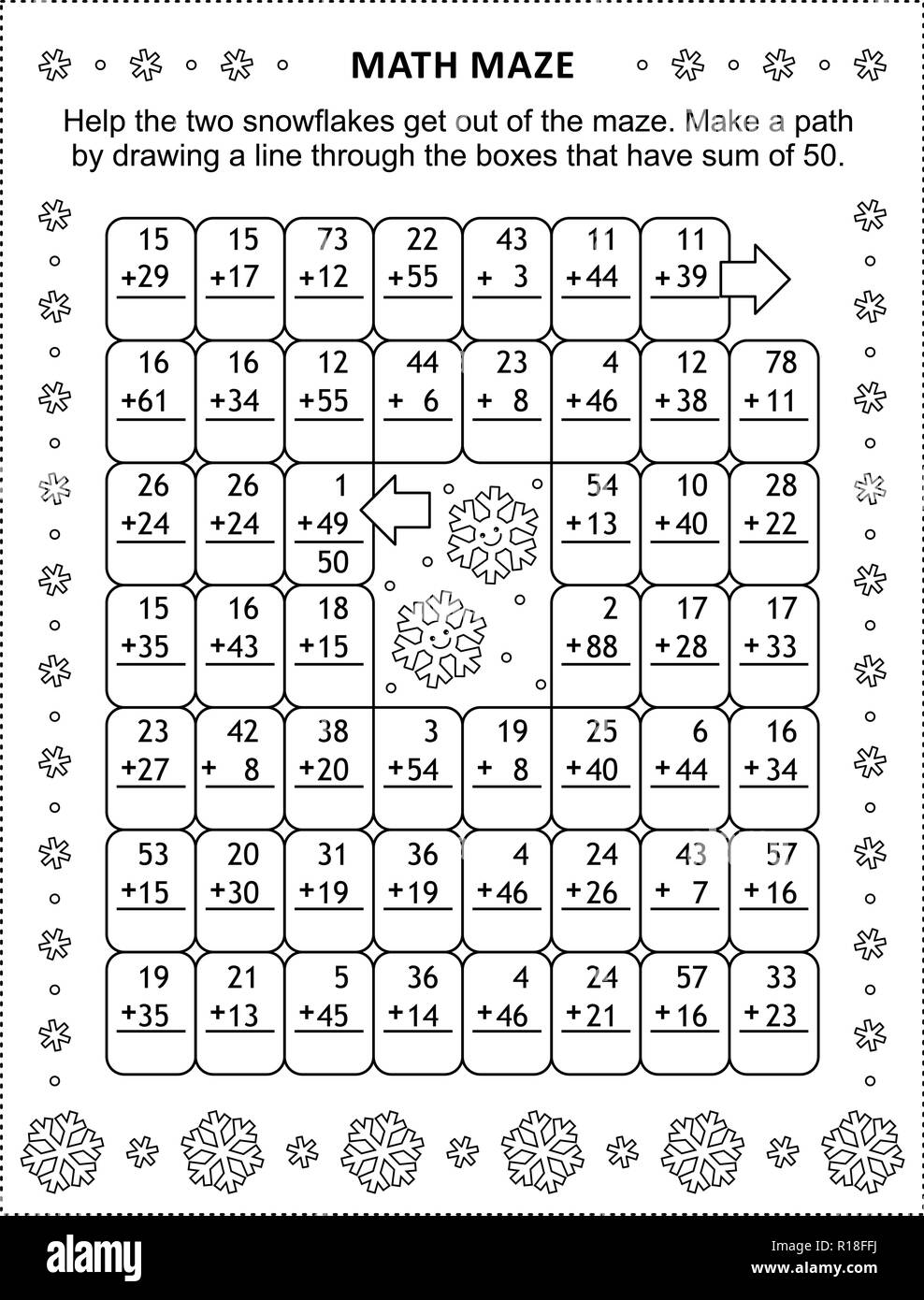 Math Maze With Addition Facts Help The Two Snowflakes Get Out Of 