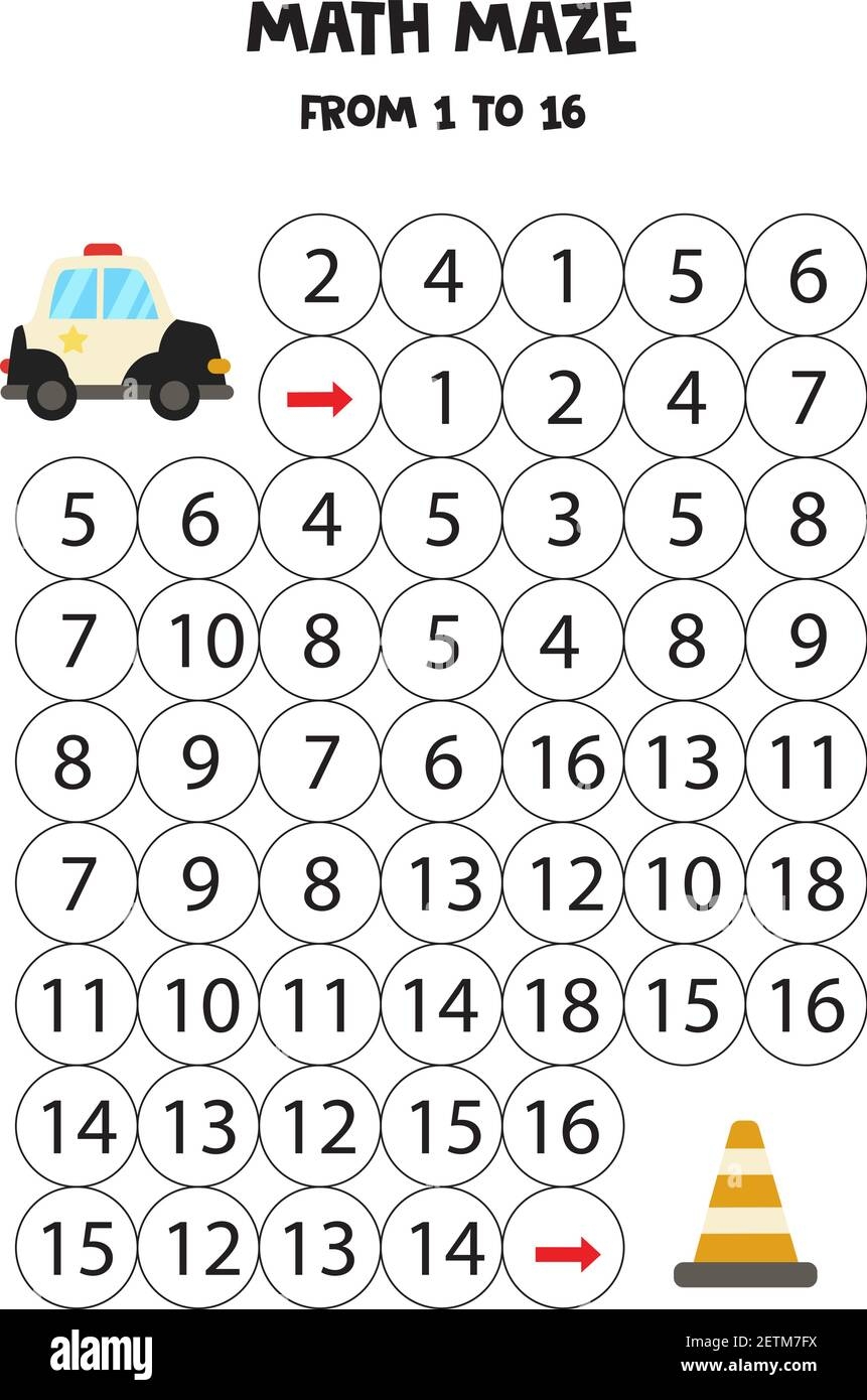 Math Maze With Police Car And Traffic Cone Count To 16 Printable 