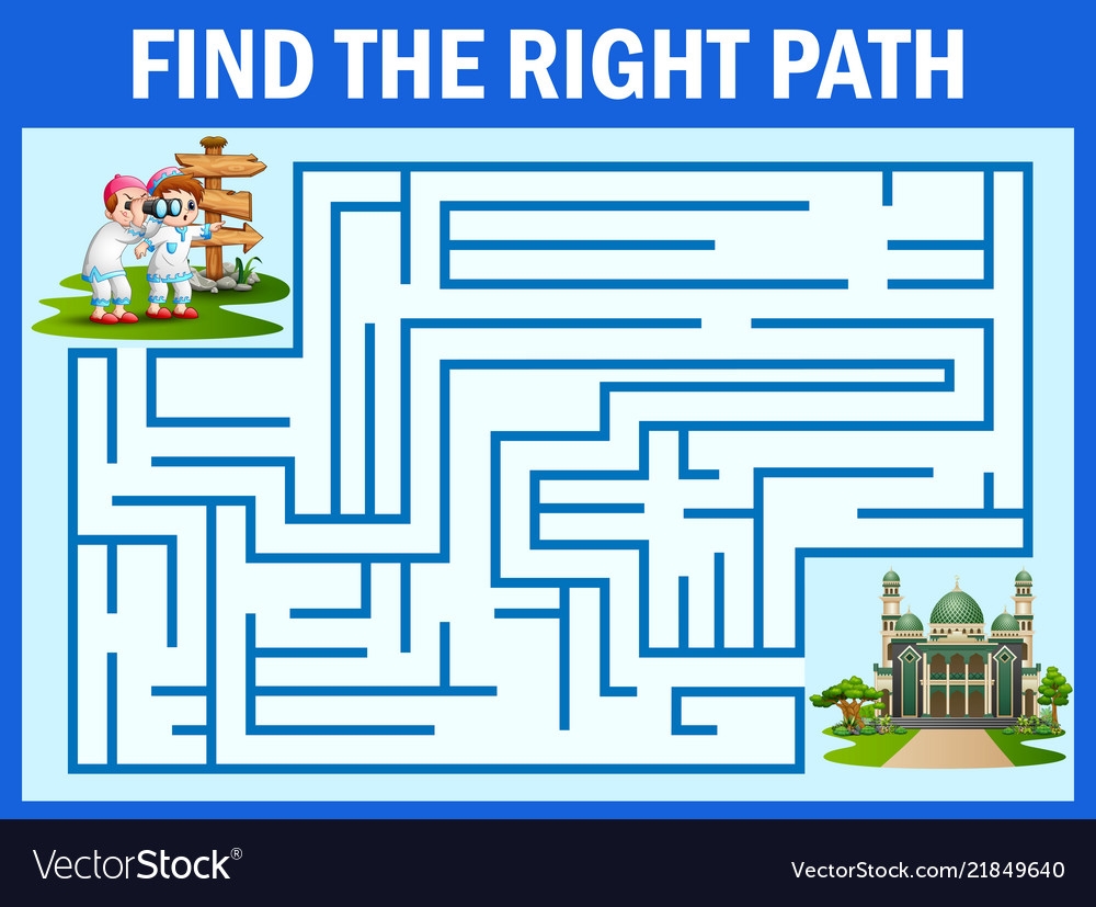 Maze Game Finds The Boy And Girlway To Mosque Vector Image