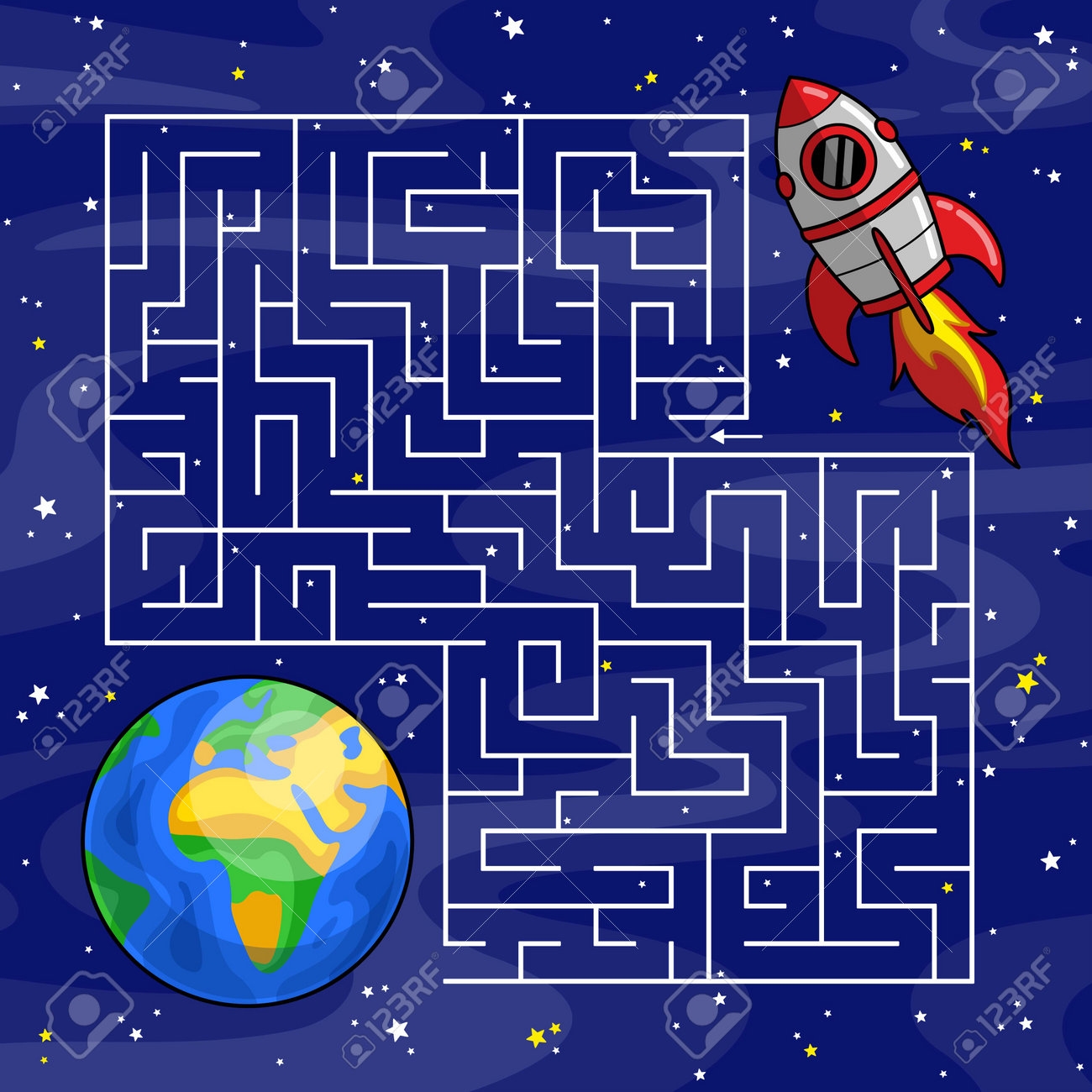 Maze Game For Children Colorful Labyrinth Puzzle Help The Cartoon Spaceship Find Way To The Planet Earth In Space Star Background Worksheet For Preschool And School Kids Vector Illustration Royalty Free SVG 