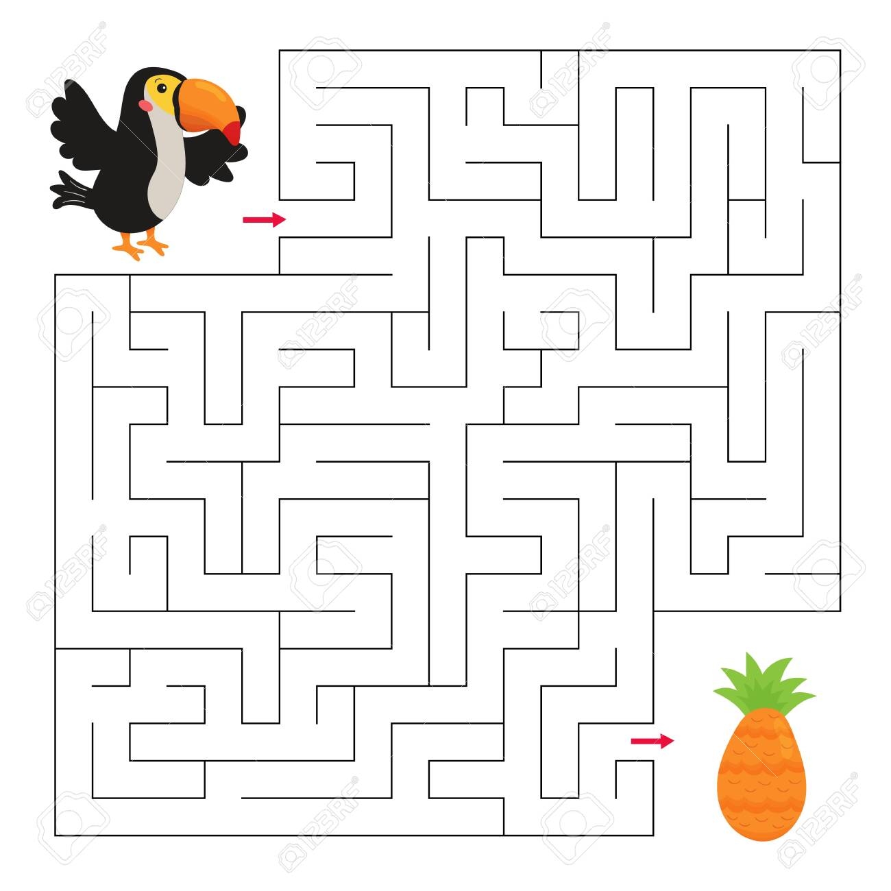 Maze Game For Children Cute Cartoon Toucan Bird And Pineapple Jungle Animals Educational Worksheet For Preschoolers Royalty Free SVG Cliparts Vectors And Stock Illustration Image 139671776 