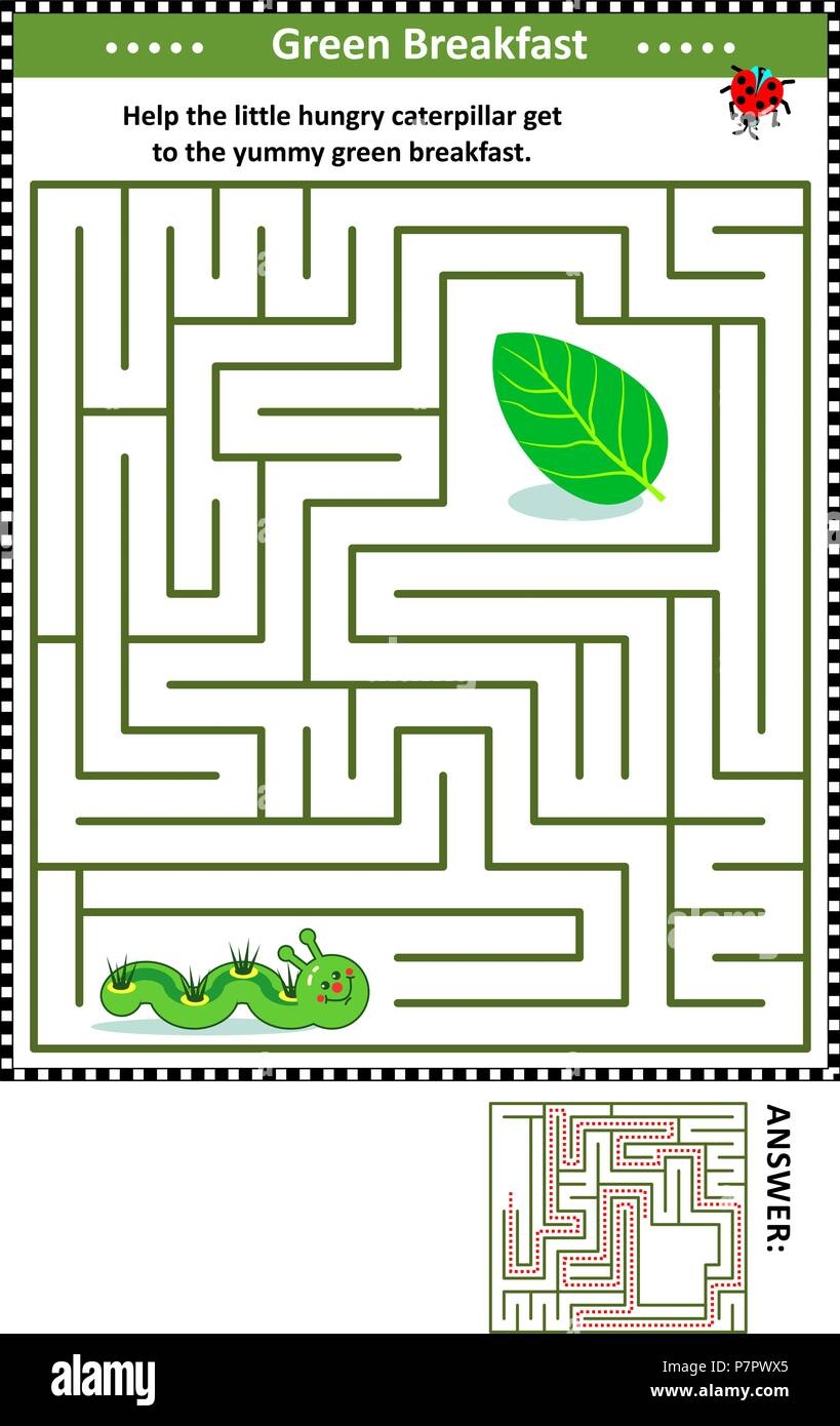Maze Game For Children With Leaf And Caterpillar Help The Little Hungry Caterpillar Get To The Yummy Green Breakfast Answer Included Stock Vector Image U0026 Art Alamy