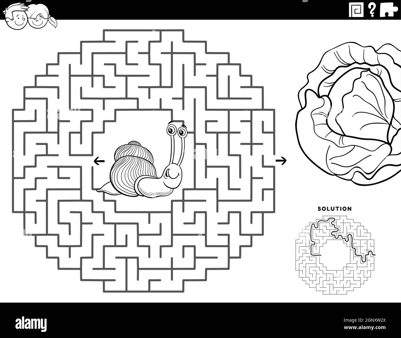 Maze Game With Snail And Lettuce Coloring Book Page Stock Vector 