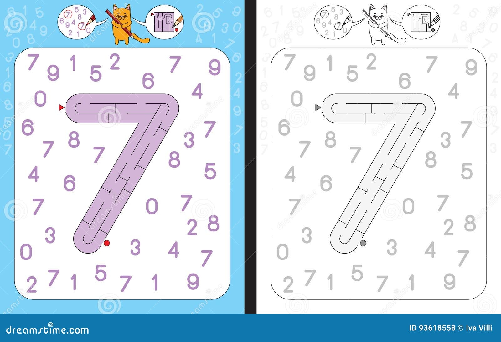 Maze Number 7 Stock Vector Illustration Of Worksheet 93618558