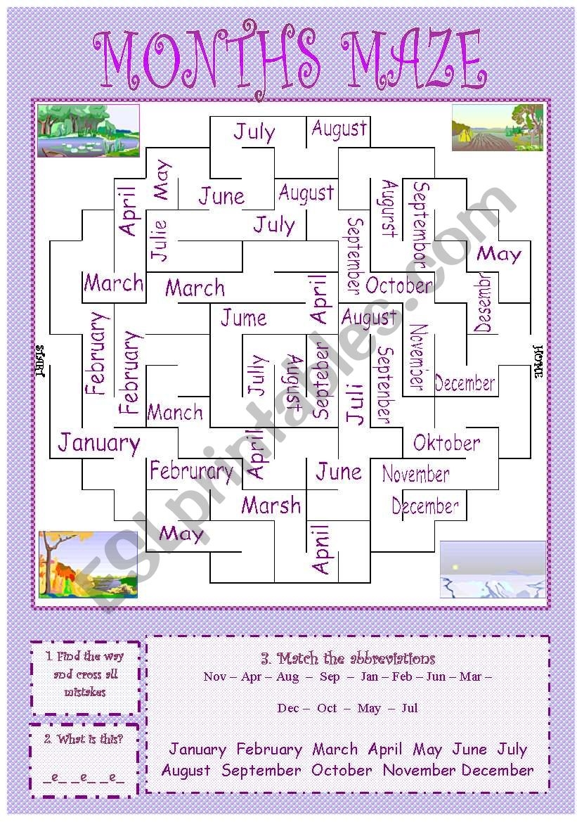 MAZE Of MONTHS 13 EXERCISES Quizz Bookmark FCs Crossword Domino Etc 11 pages KEY PRINTER Friendly EDITABLE A1 Level ESL Worksheet By Moravc