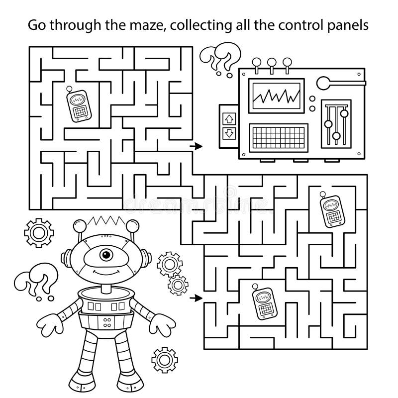 Maze Or Labyrinth Game Puzzle Coloring Page Outline Of Cartoon Little Robot Stock Vector Illustration Of Line Contour 232335099
