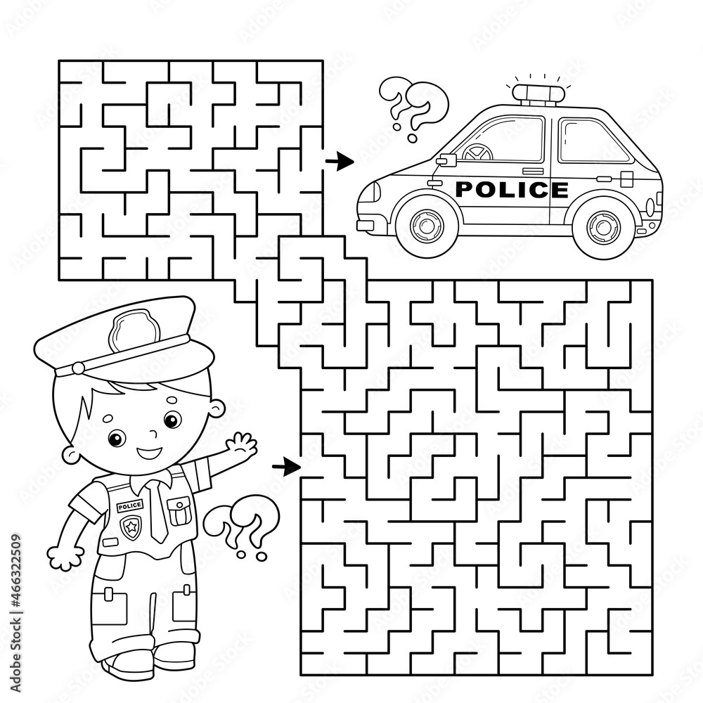 Maze Or Labyrinth Game Puzzle Coloring Page Outline Of Cartoon Policeman With Car Profession Police Coloring Book For Kids Stock Vector Adobe Stock