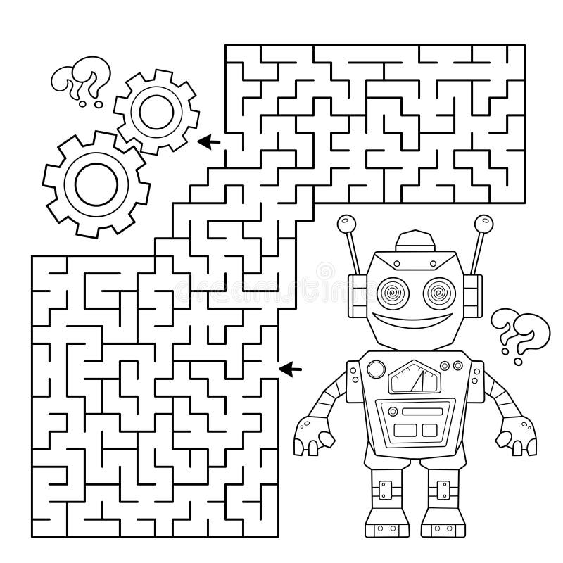 Maze Or Labyrinth Game Puzzle Coloring Page Outline Of Cartoon Robot With Gears Stock Vector Illustration Of Page Computer 233464742