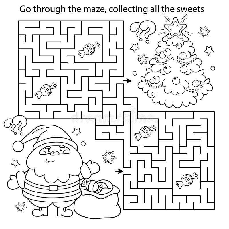 Maze Or Labyrinth Game Puzzle Coloring Page Outline Of Santa Claus With Gifts Bag And Christmas Tree New Year Christmas Stock Vector Illustration Of Play Preschool 231427843