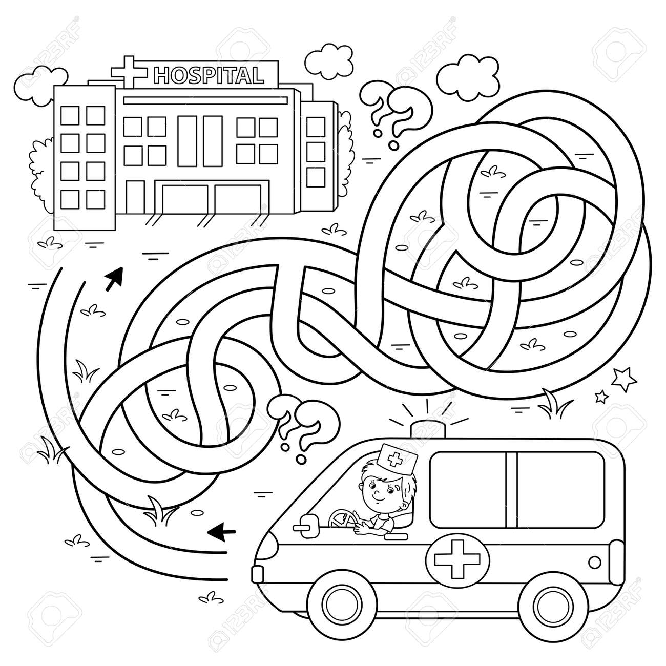 Maze Or Labyrinth Game Puzzle Tangled Road Coloring Page Outline Of Cartoon Doctor With Ambulance Car Near The Hospital Coloring Book For Kids Royalty Free SVG Cliparts Vectors And Stock Illustration Image