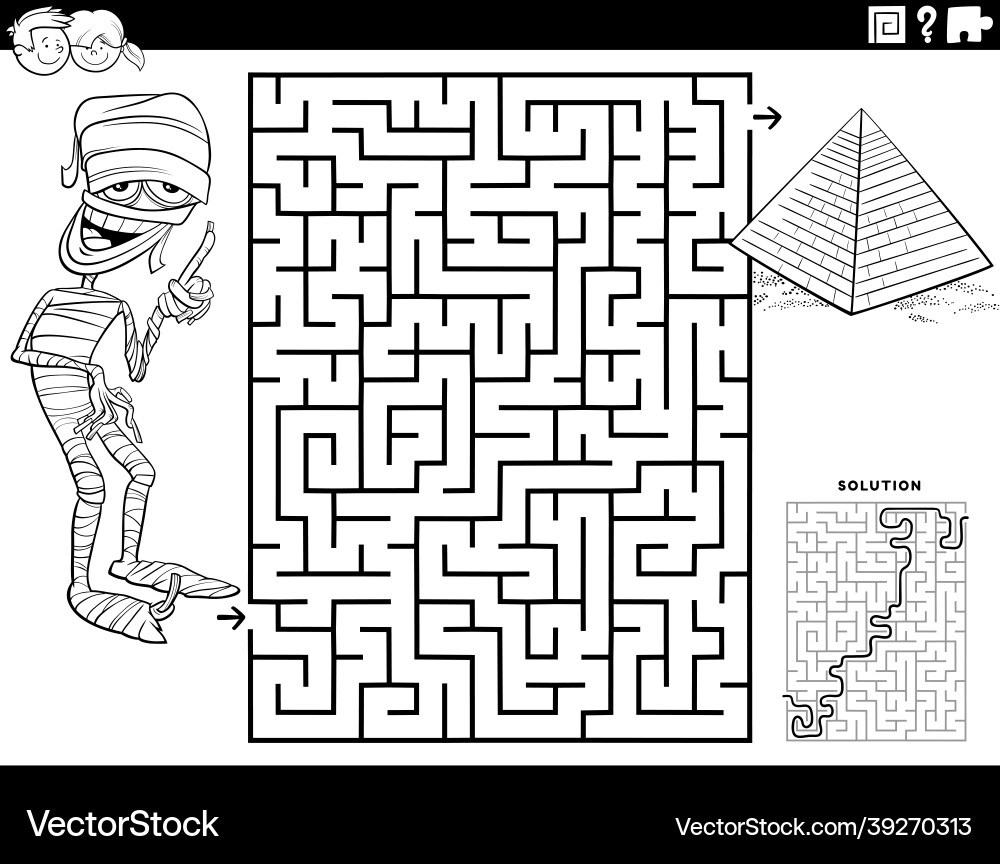 Maze With Cartoon Mummy And Pyramid Coloring Book Vector Image